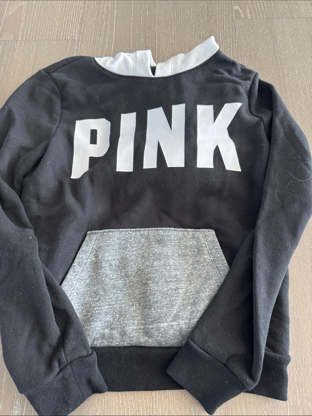 PINK Victoria's Secret Black Pullover Hoodie with Gray Pocket and White Logo